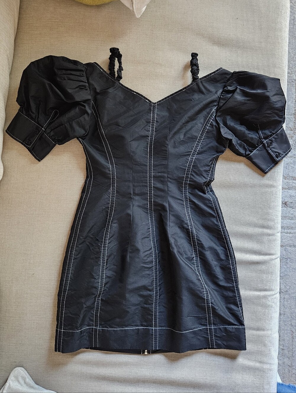 Ganni Puff-Sleeve Zip-Front Mini Dress in Black - Picture 6 of 12
